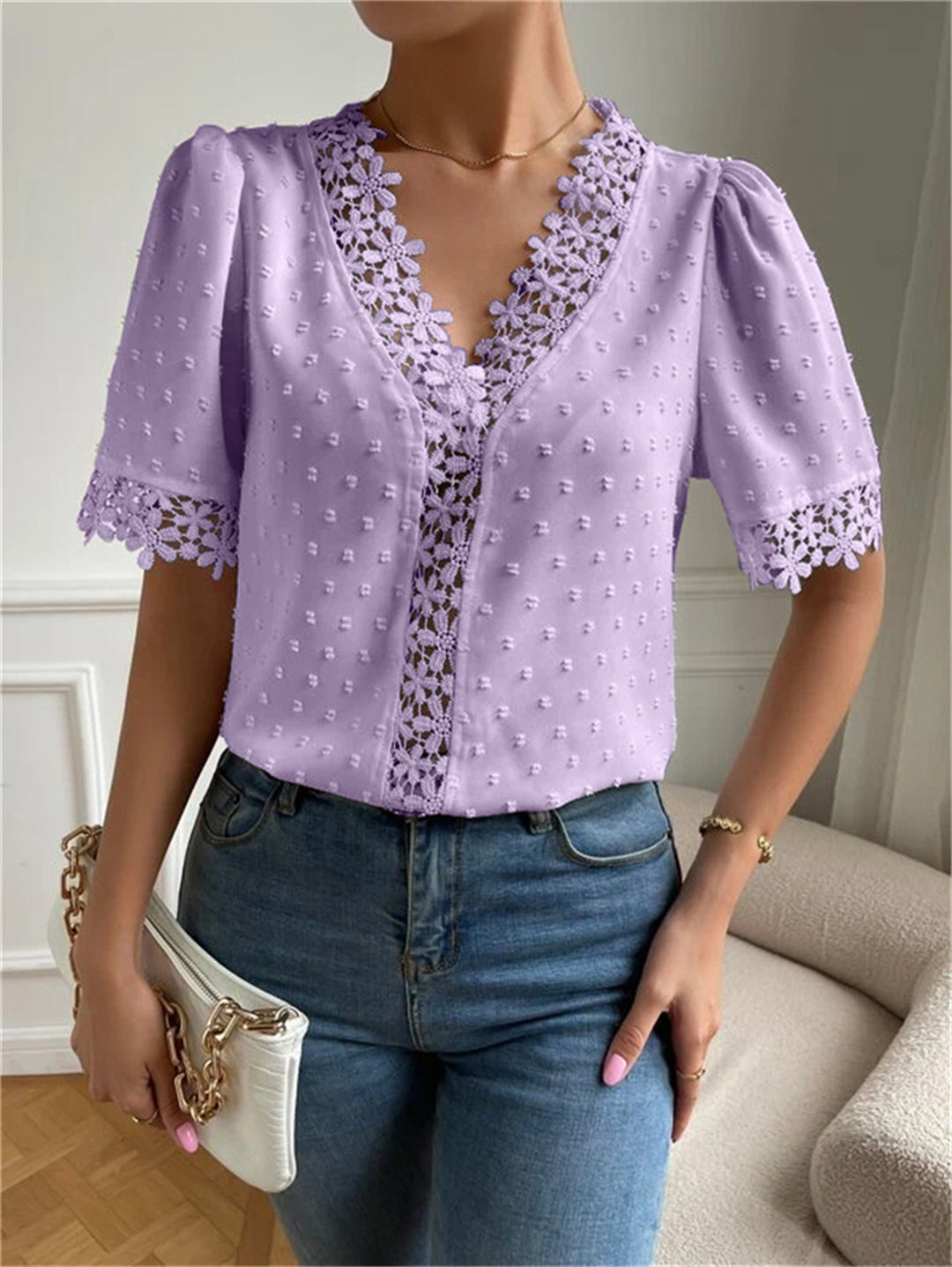 Floral Lace Short Sleeve Shirt Summer Fashion V-Neck Tops Women's Clothing