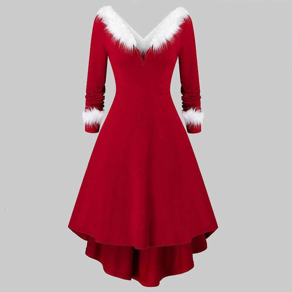 Christmas Women's Fur Patchwork V-neck Long Sleeved Dress