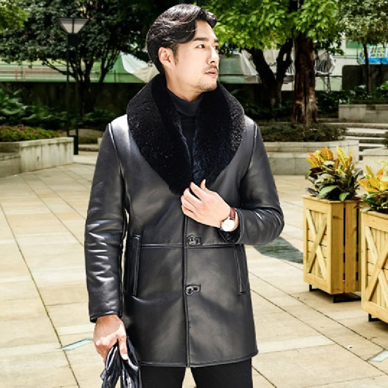 Winter Big Fur Collar Men's Leather Coat Padded Fleece Jacket