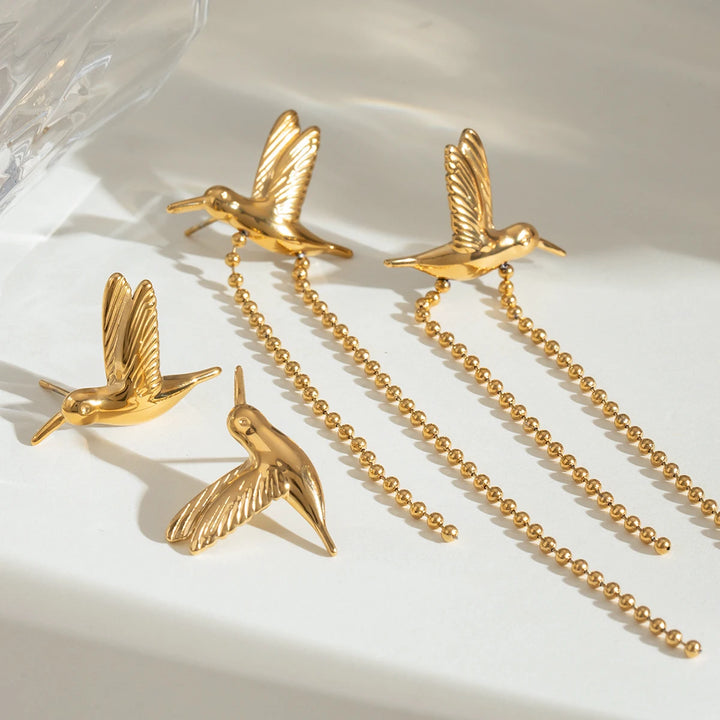 18K Gold Plated Stainless Steel Peace Dove Bird Tassel Earrings for Women