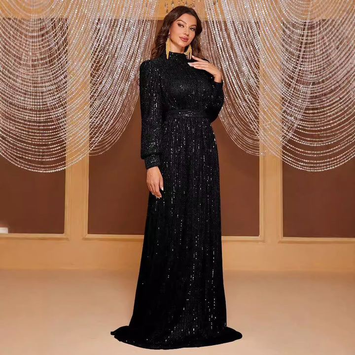 Pure Color Sequins Long Sleeve Stand Collar Evening Long Dress Simple And Elegant