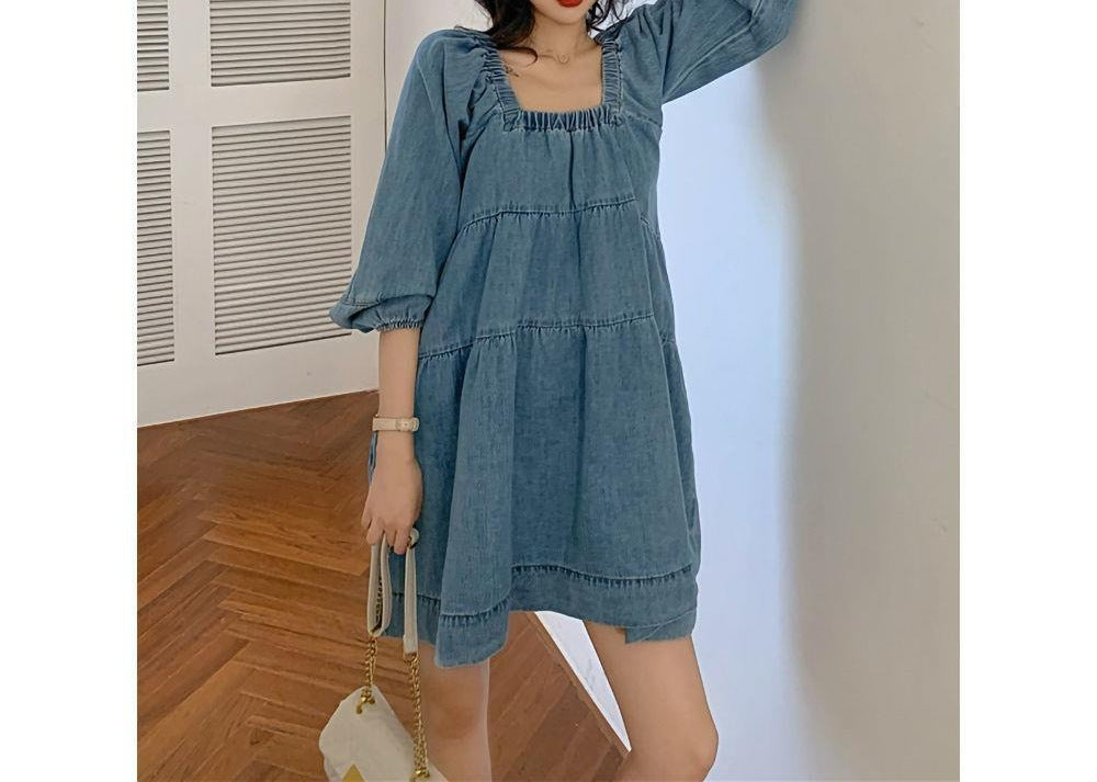 Square-cut Collar And Blue Dress French Girl Loose Skirt Female