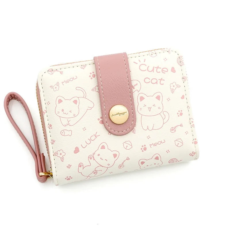 Cute Cat Compact Wallet - Zippered Coin and Card Holder with Key Storage