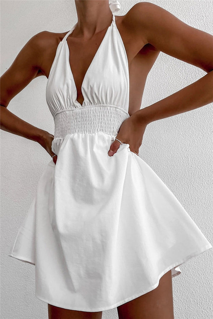 Deep V-neck Lace Up Waist-controlled White Dress With Chest Pad