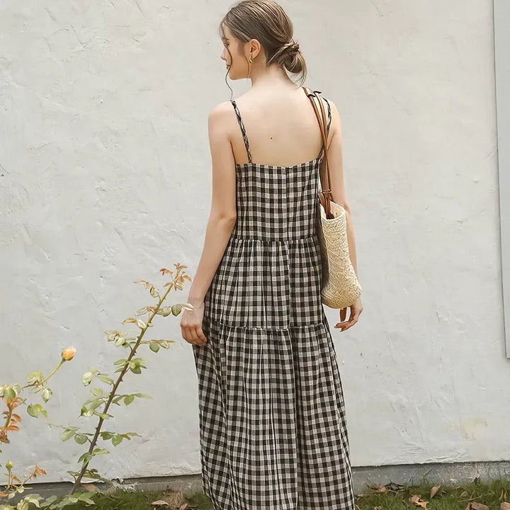 Vintage Plaid Cotton Linen Summer Dress