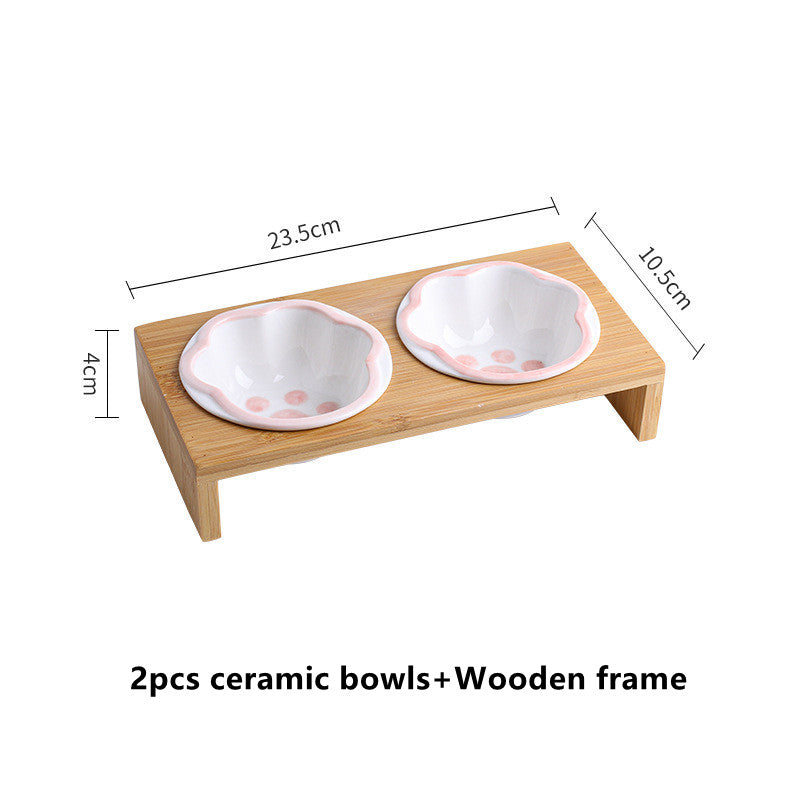 Cartoon Paw Design Raised Pet Bowls with Wooden Stand