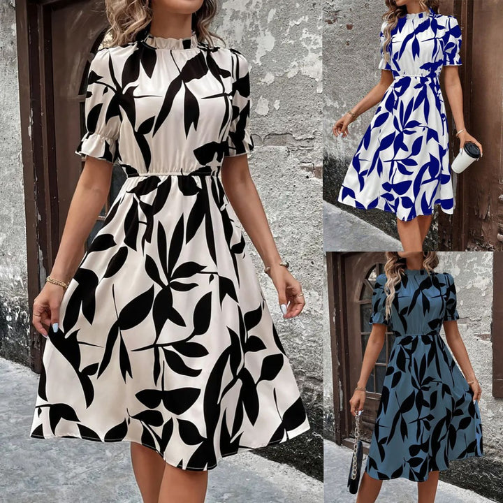 Short Sleeve Round Neck Ruffled Printed Girdle Dress