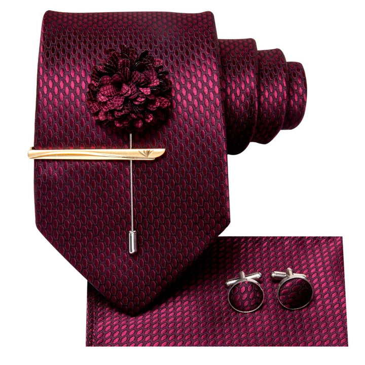 Elegant Red Burgundy Silk Wedding Tie with Matching Handkerchief and Cufflinks