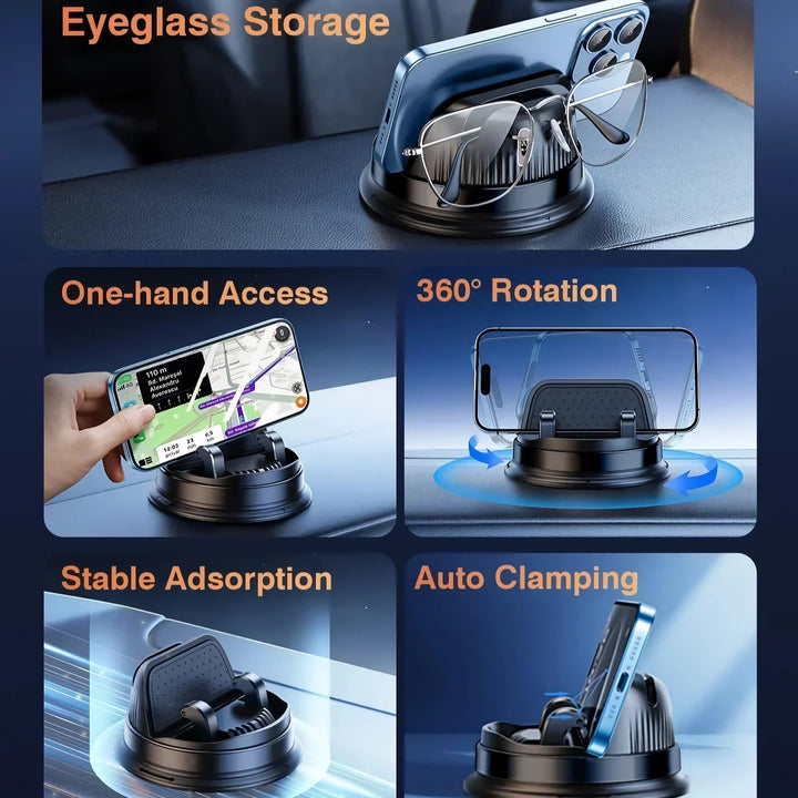 360° Rotatable Car Phone Holder with Auto-Clamp & Eyeglasses Storage