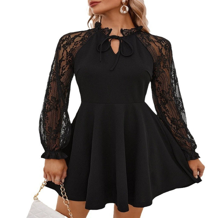 Women's Solid Color French Contrast Color Lace Lace-up Long Sleeve Dress