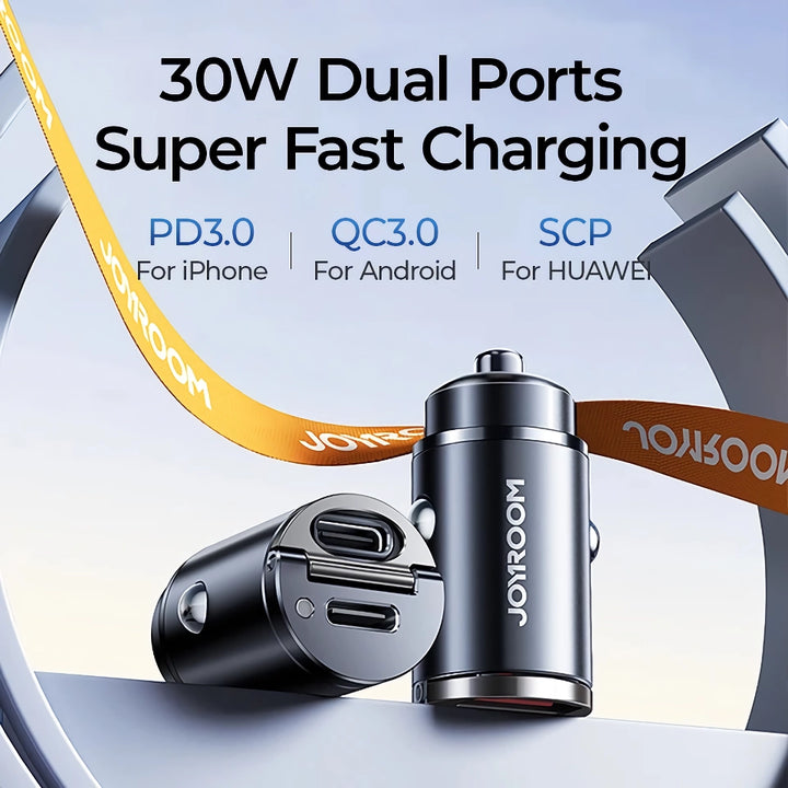 30W Dual Port Car Charger – Fast Charging Type-C USB Mini Adapter with Pull Ring