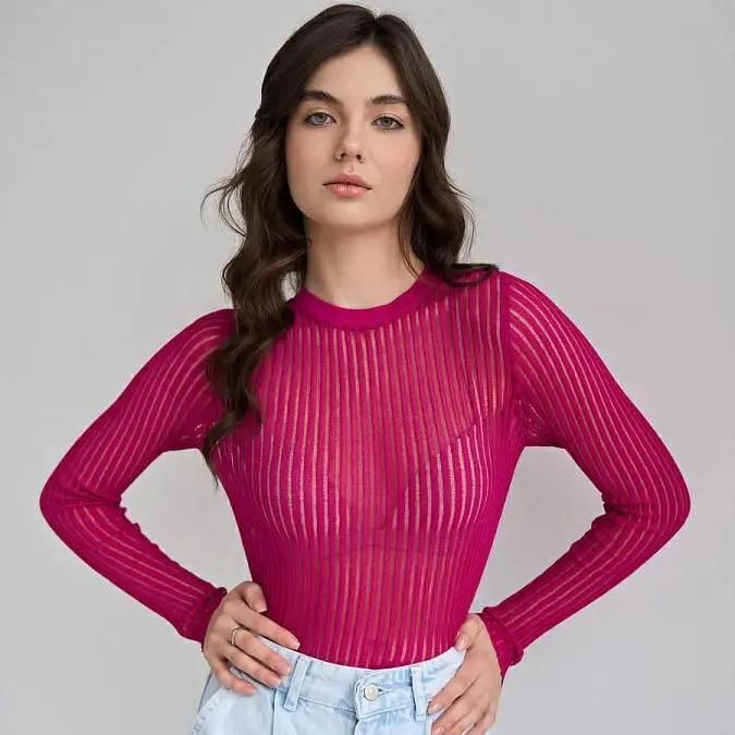 Elegant Striped Long Sleeve See-Through Top for Women