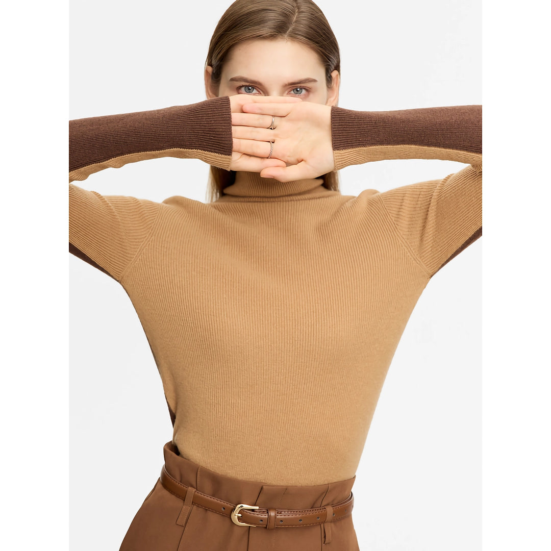 Minimalist Color Contrast Turtleneck Sweater for Women - Autumn Slim Fit Knitted Pullover