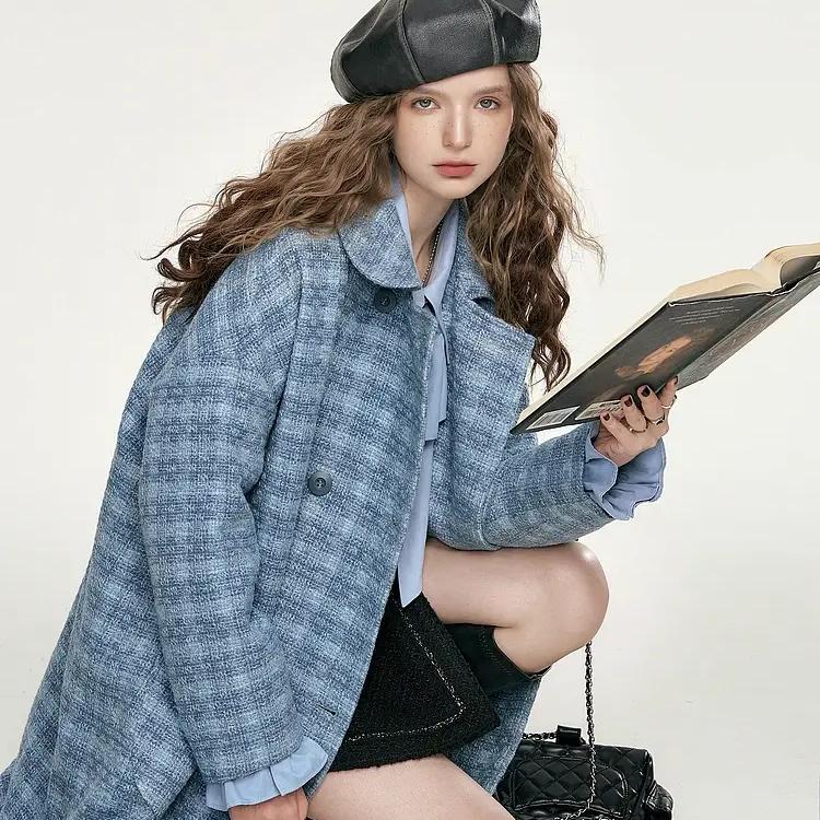 Blue Vintage Plaid Women's Coat