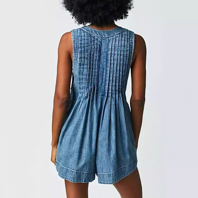 V-neck Sleeveless Denim Shorts Jumpsuit With Pockets Summer Fashion Loose Beach Pants