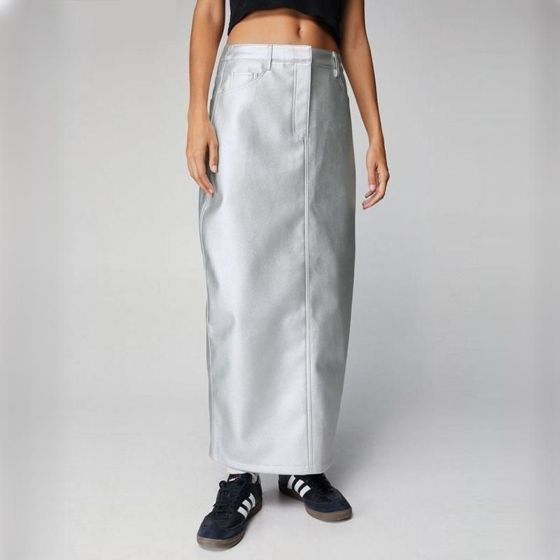 Elegant Mid-Waist Silver Long Skirt