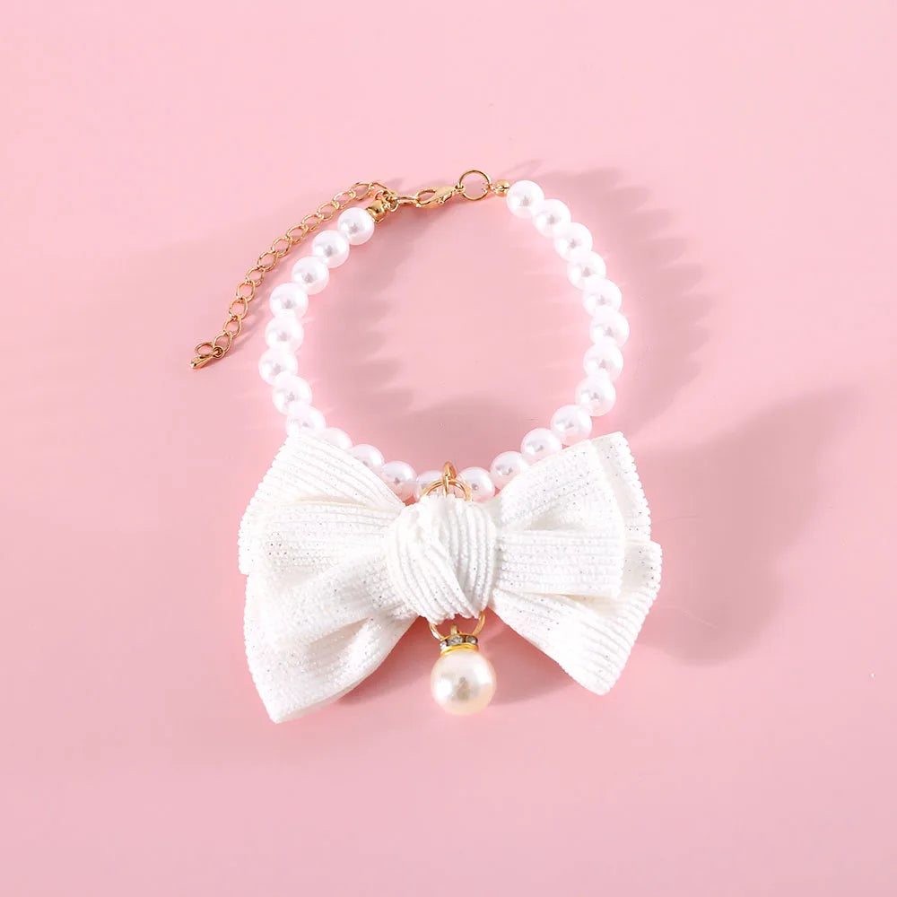 Elegant Pearl Cat & Small Dog Collar with Rhinestone Bow