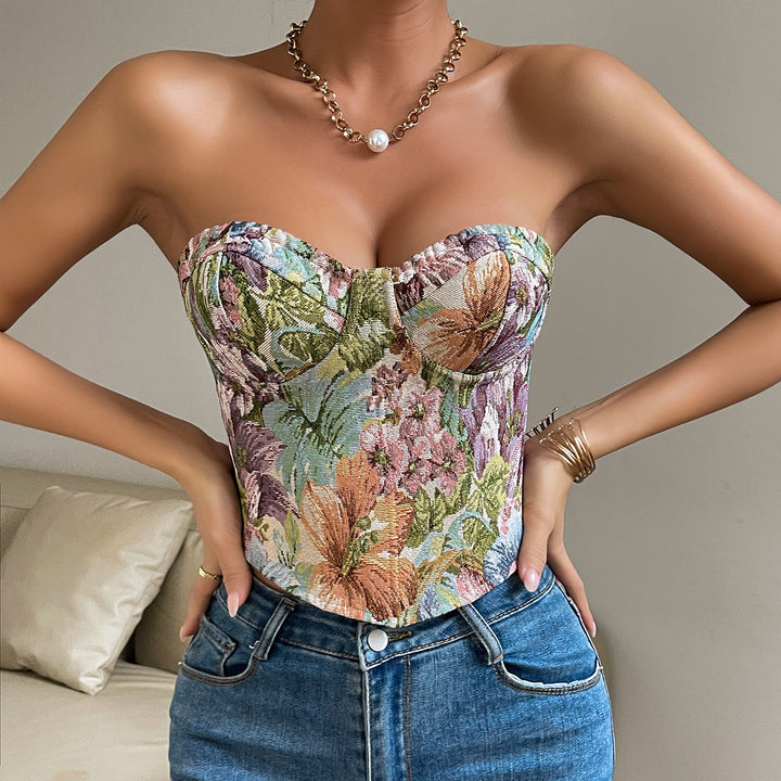 Y2K Floral Print Tube Vest Top With Back-tied Design INS Fashion Crop Corset Tank For Women Clothing