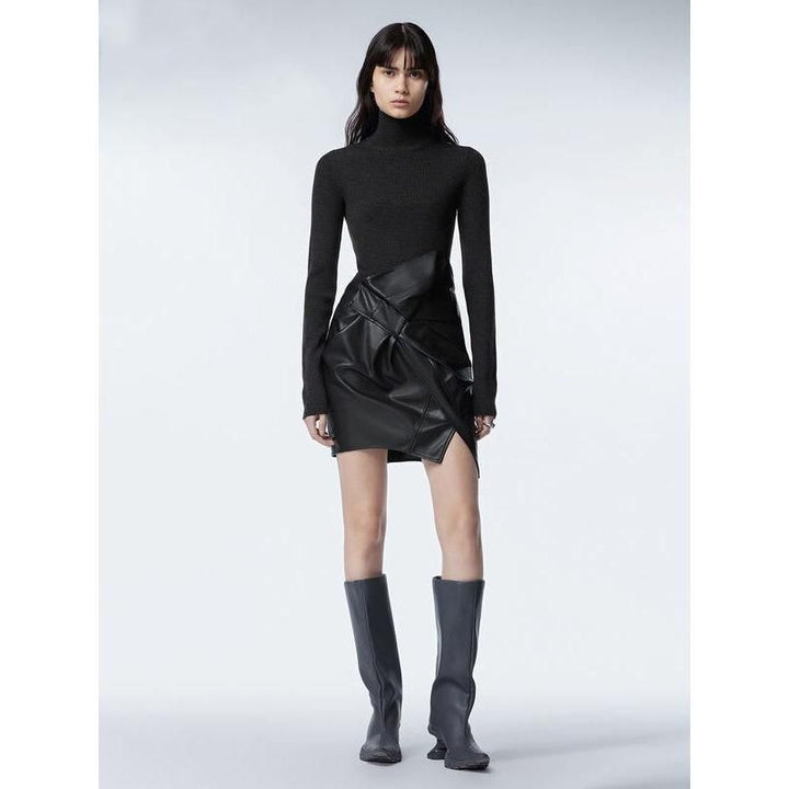 High Waist Asymmetrical Black Faux Leather Mini Skirt