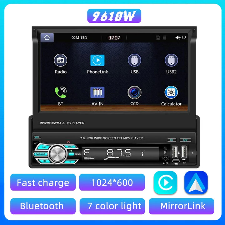 7" Retractable Touchscreen Car Stereo with Wireless CarPlay, Android Auto, and Backup Camera