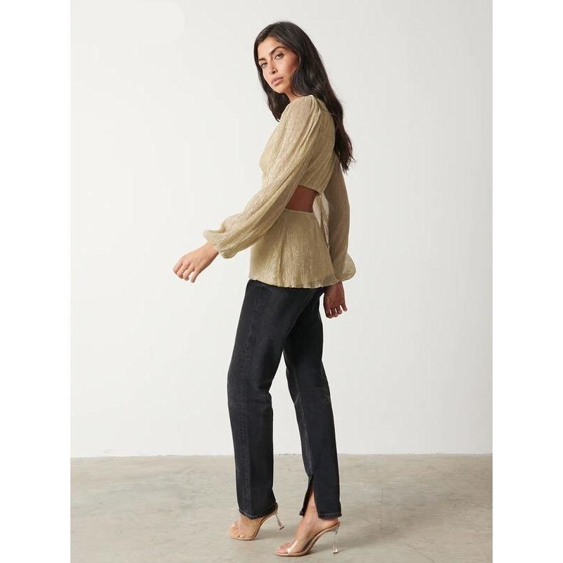 Gold Pleated V-Neck Blouse with Puff Sleeves