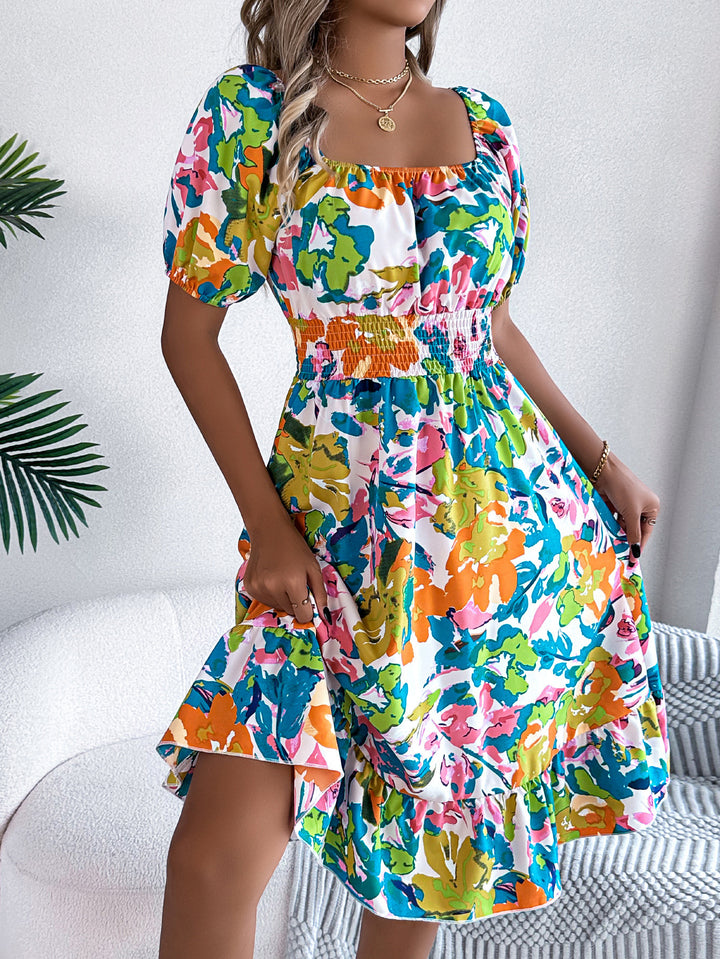 Casual Flower Square Collar Short Sleeve Waist Trimming Ruffles A- Line Dress