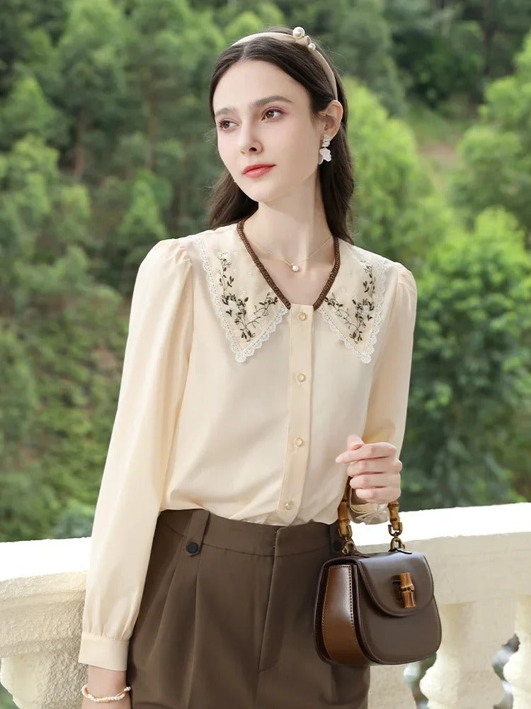 Elegant Autumn Embroidered Lapel Puff Sleeve Blouse