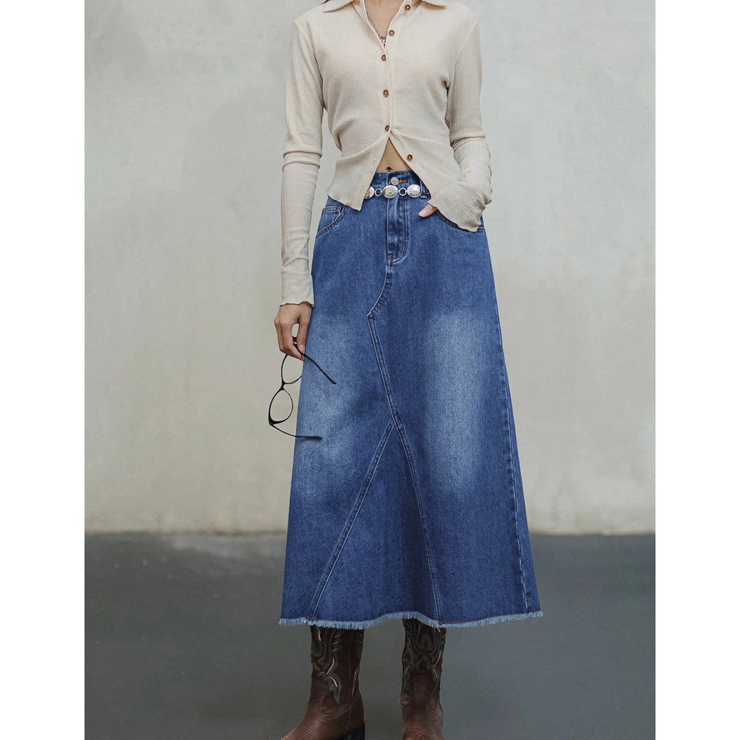 Vintage Washed Asymmetrical Denim A-line Skirt for Women