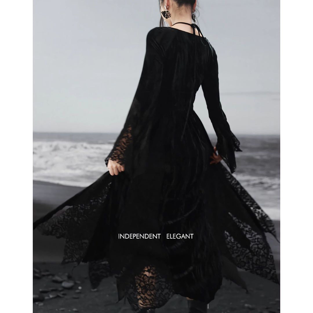 Dark Velvet Lace Splice Dress for Women - Elegant Autumn Style