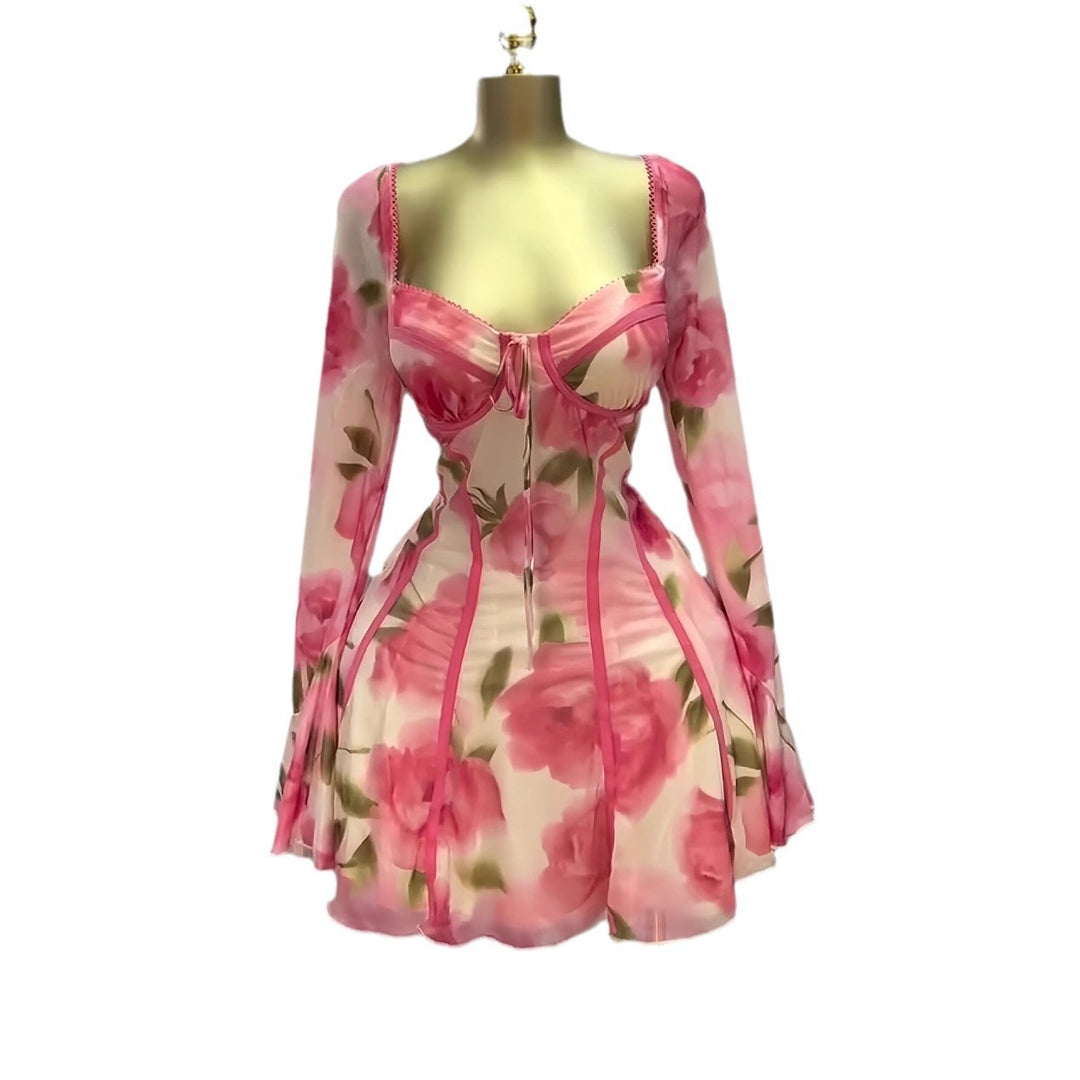 Women's Flared Long Sleeve Tied Lotus Leaf Flower Print Dress