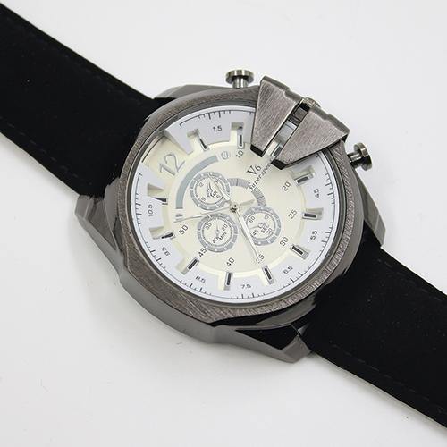 Men Big Dial Faux Leather Band Stainless Steel Analog Quartz Sports Wrist Watch - MRSLM