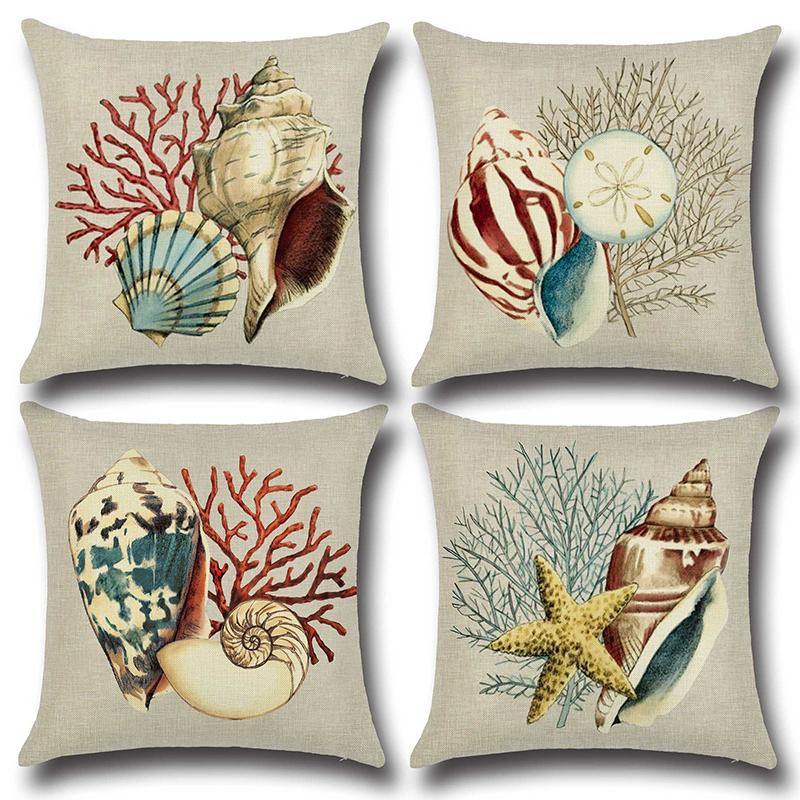 Sea Snail Printed Cotton Linen Cushion Cover Concise Beach Style Square Home Decor Sofa Pillow Case - MRSLM