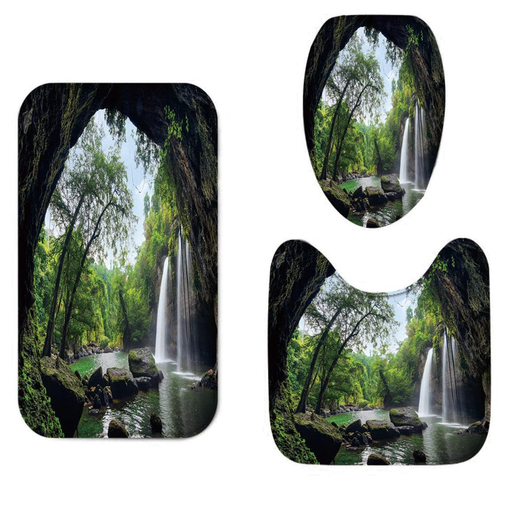 Natural Waterfall Shower Curtain Home Carpet Bathroom Decor Toilet Seat Cover Pedestal Bath Mat Rugs Set - MRSLM