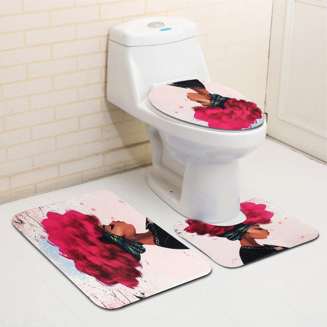 3PCS African Girl Explosion Head Non-Slip Bath Carpet Toilet Cover Shower Mat - MRSLM