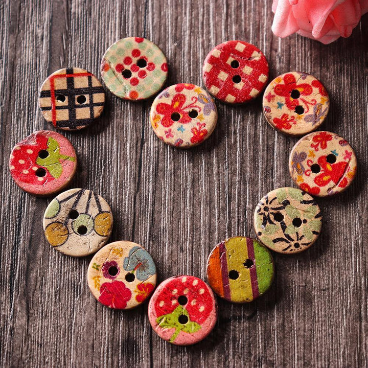 100 PCS Round Pattern Wooden Button Mixed 2 Hole Natural Sewing Children Handmade Clothes Buttons (1) - MRSLM