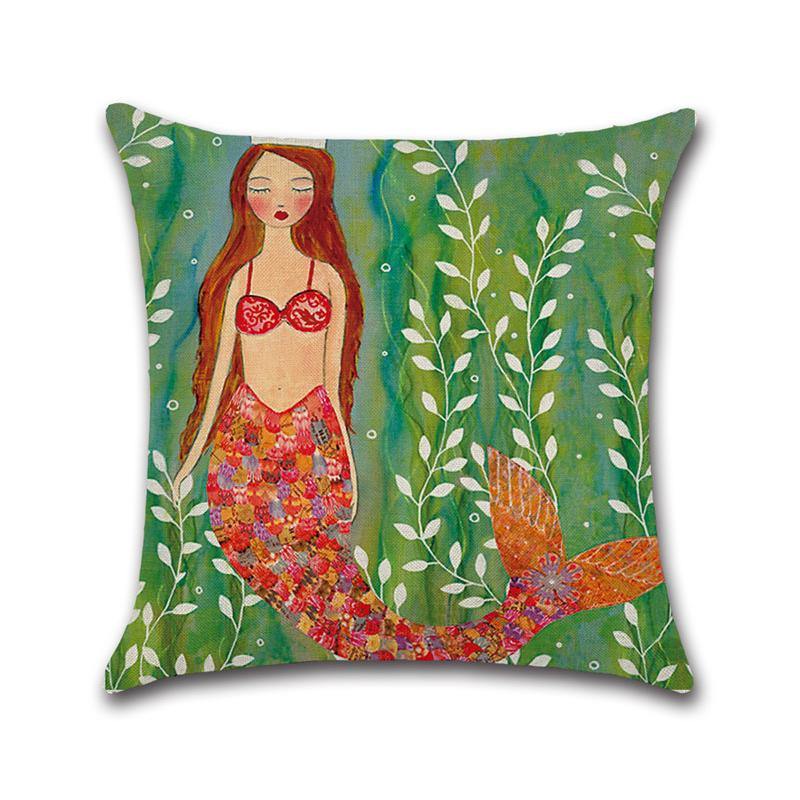 Mermaid Printed Cotton Linen Cushion Cover Square Home Decor Soft Comfortable Pillow Case - MRSLM