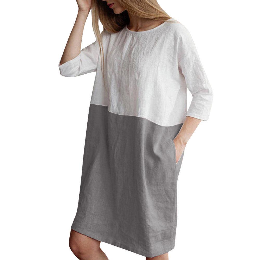 Splicing half-sleeved cotton and linen dress - MRSLM