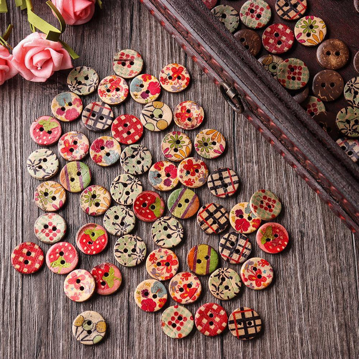 100 PCS Round Pattern Wooden Button Mixed 2 Hole Natural Sewing Children Handmade Clothes Buttons (1) - MRSLM