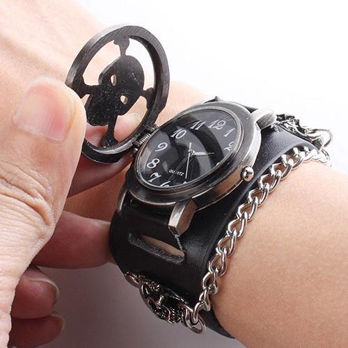 Men Black Punk Rock Chain Skull Faux Leather Bracelet Cuff Gothic Wrist Watch - MRSLM