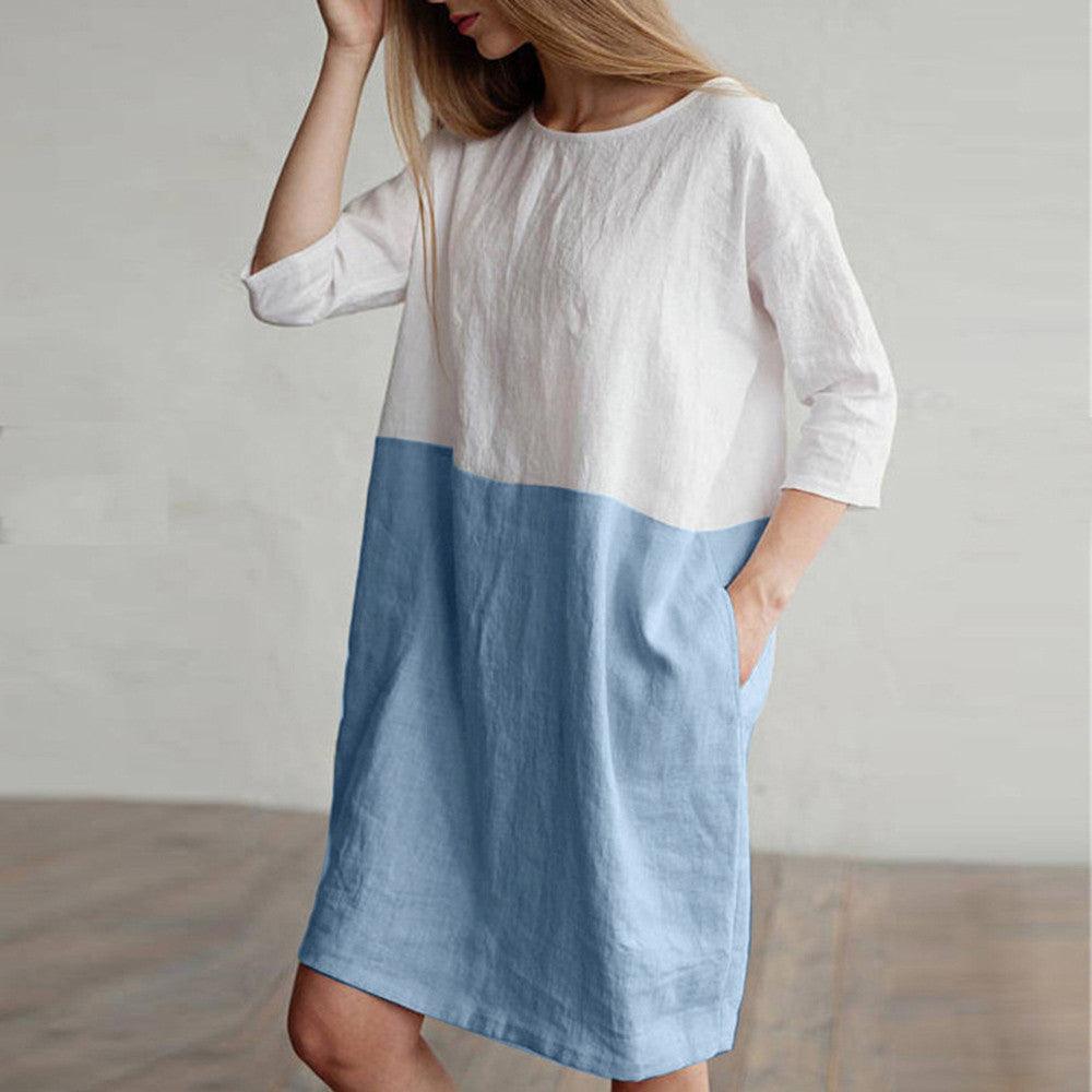 Splicing half-sleeved cotton and linen dress - MRSLM