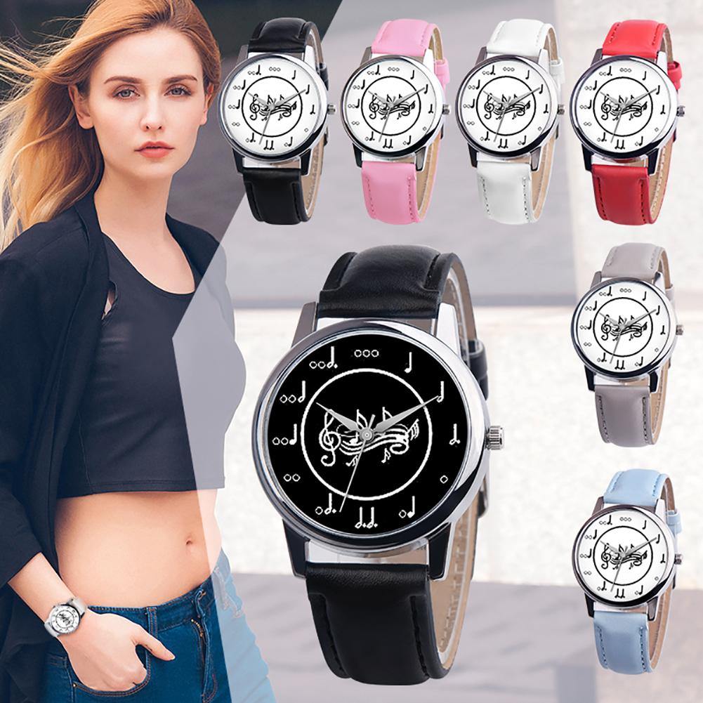 Fashion Music Note Analog Round Dial Faux Leather Band Unisex Quartz Wrist Watch - MRSLM