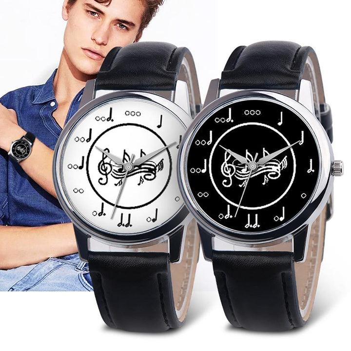 Fashion Music Note Analog Round Dial Faux Leather Band Unisex Quartz Wrist Watch - MRSLM