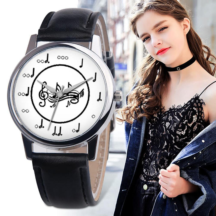 Fashion Music Note Analog Round Dial Faux Leather Band Unisex Quartz Wrist Watch - MRSLM