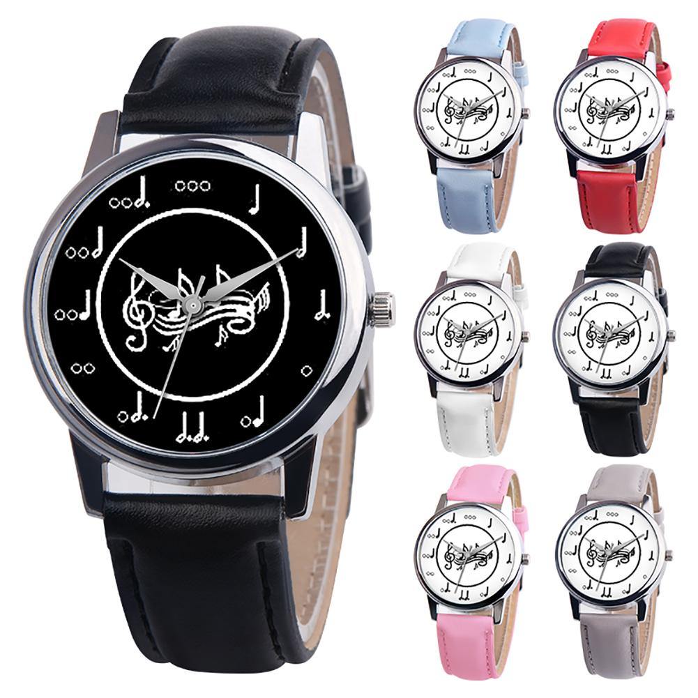 Fashion Music Note Analog Round Dial Faux Leather Band Unisex Quartz Wrist Watch - MRSLM