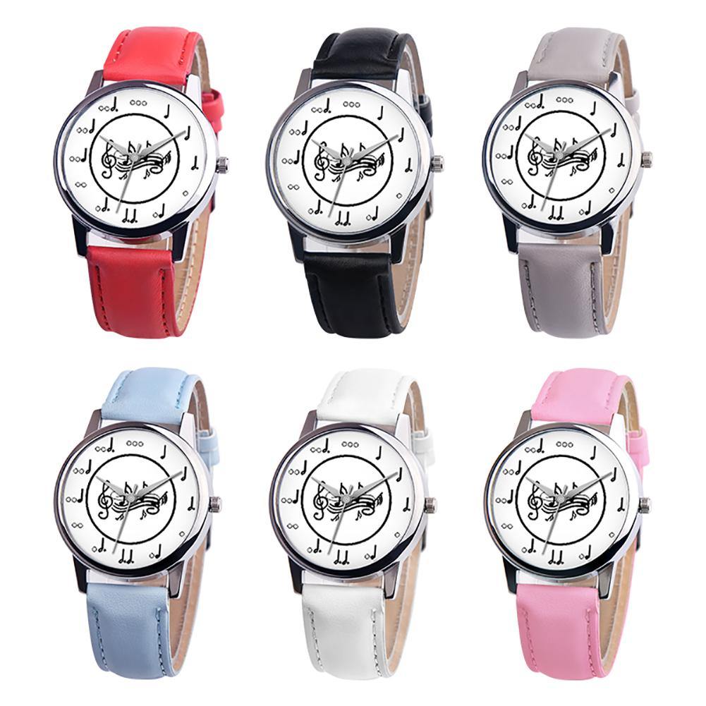 Fashion Music Note Analog Round Dial Faux Leather Band Unisex Quartz Wrist Watch - MRSLM