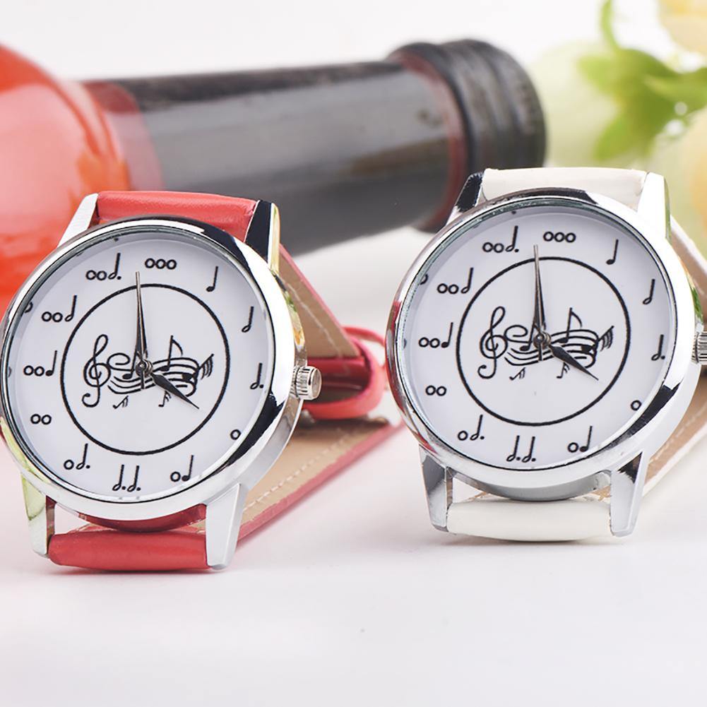 Fashion Music Note Analog Round Dial Faux Leather Band Unisex Quartz Wrist Watch - MRSLM