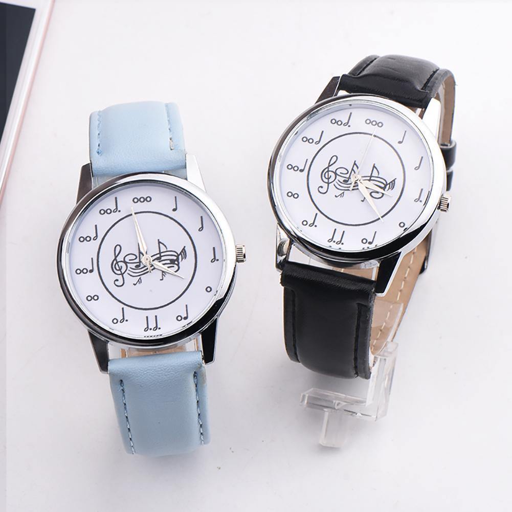 Fashion Music Note Analog Round Dial Faux Leather Band Unisex Quartz Wrist Watch - MRSLM