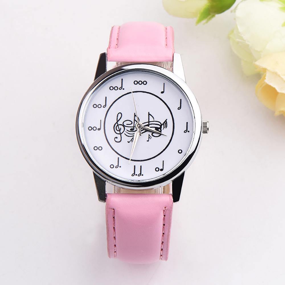 Fashion Music Note Analog Round Dial Faux Leather Band Unisex Quartz Wrist Watch - MRSLM