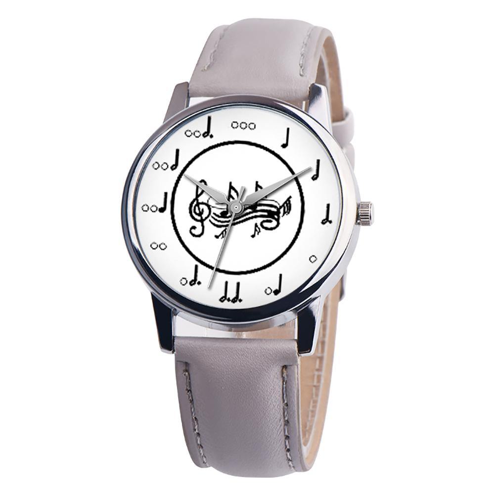 Fashion Music Note Analog Round Dial Faux Leather Band Unisex Quartz Wrist Watch - MRSLM