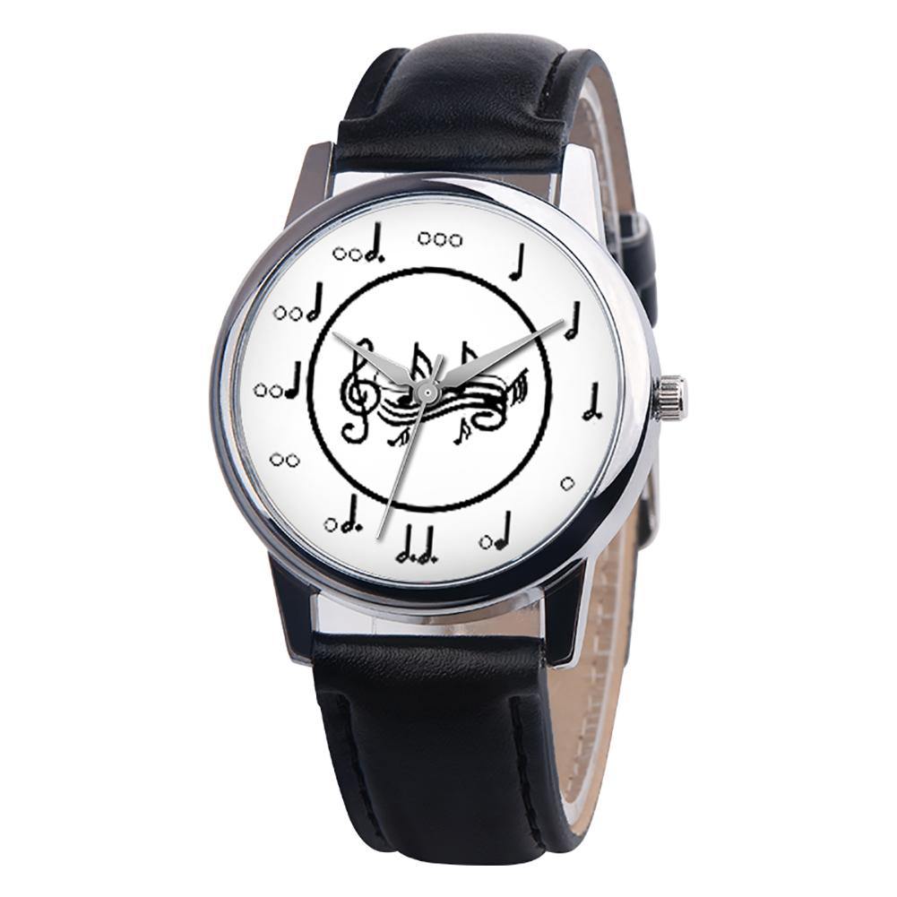 Fashion Music Note Analog Round Dial Faux Leather Band Unisex Quartz Wrist Watch - MRSLM